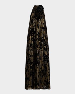 Emanuel Ungaro Metallic Floral Halter Gown - Black