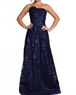 Jovani One-Shoulder Floral Lace A-Line Gown - Blue