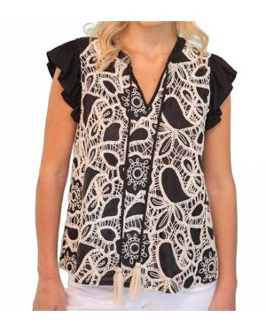 Voya Piasley Embroidered Front Self Tie Tassled Top - Black