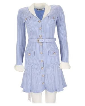 Self-Portrait Ribbed Mini Dress With Belted Waist And Flared Skirt - Blue