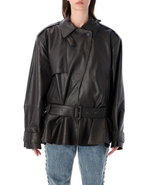 ROTATE BIRGER CHRISTENSEN Belted Biker Leather Jacket With Flared Peplum Hem - Black