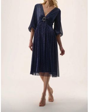 Joseph Ribkoff Sparkle Mesh 3/4 Puff Sleeve Fit And Flare Dress - Blue