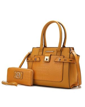 MKF Isla Crocodile Embossed Vegan Leather Satchel Bag With Wallet -2 Pieces - Brown