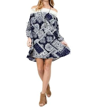 Kori Batik Patchwork Off The Shoulder Dress - Blue