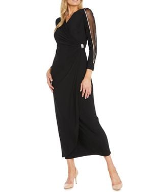 R & M Richards Long Faux Wrap Style Evening Dress - Black