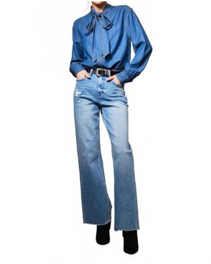 Blue B Tie Neck Hidden Button Chambray Blouse - Blue