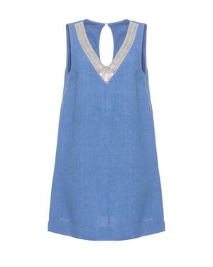 120% Lino V-Neck Linen Dress With Sequined Embellishments And Cut-Out Detail - Blue