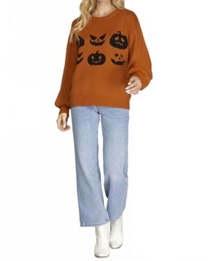 She + Sky Long Sleeve Halloween Pattern Sweater Top - Blue