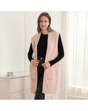 TRUEDAMES Solid Color Open Front Long Vest - Natural