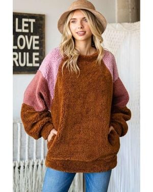 TRUEDAMES Culture Code Color Block Faux Fur Raglan Sleeve Sweatshirt - Brown