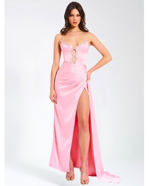 Miss Circle Marilyn Satin Crystal Embellished High Slit Gown - Pink