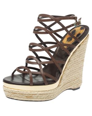 Roberto Cavalli Leather Wedge Platform Espadrille Strappy Sandals - Brown