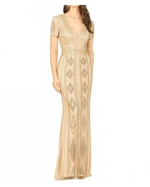 Lara Beaded Short Sleeve Fitted Gown - Natural