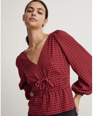 Madewell Saffi Peplum Top Wpmen's Drapey Crinkle Plaid Stretch Smoked Jdm608 - Red