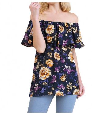 Umgee Off The Shoulder Floral Print Top - Blue