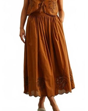 Miou Muse Embroidery Bottom Long Full Maxi Skirt - Brown