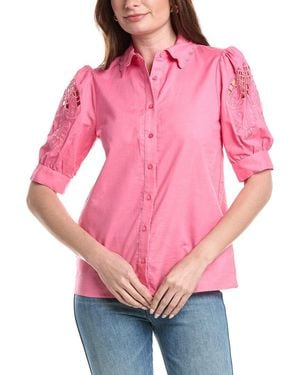Tahari Embroidered Sleeve Linen-Blend Blouse - Pink