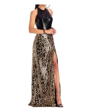 Clarisse Halter Neck Leopard Print Sequin Evening Gown - Metallic