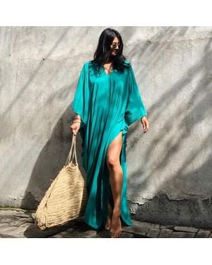 TRUEDAMES Solid Color Beach Maxi Robe ¨C Loose Bikini Cover-Up Dress, Vacation Swimsuit Long Kimono - Blue