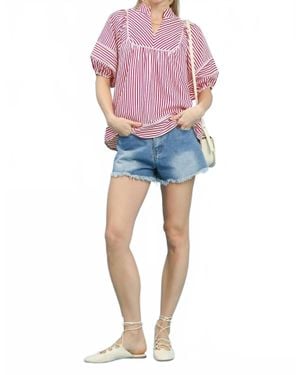 Umgee V-Neck Mandarin Collared Stripe Top - Pink