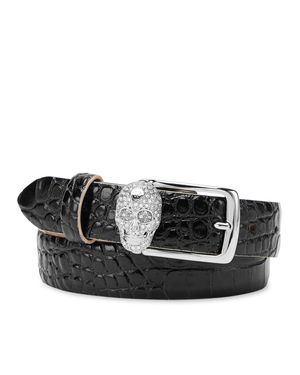 Philipp Plein Leather Belt Crocco Print Shiny Skull - Black
