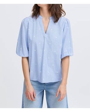 B.Young Elbow Sleeve Split Neck Blouse - Blue