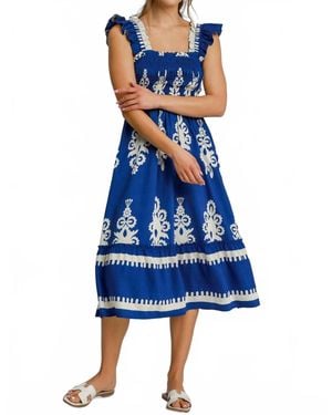 Umgee Boho Embroidered Smocked Midi Dress - Blue