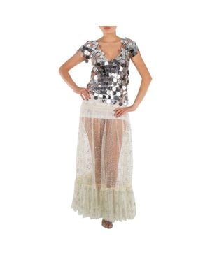 Rabanne Ladies Ecru Stud Embellished Ruffled Hem Lace Skirt, Brand Size 36 (Us Size 4) - White