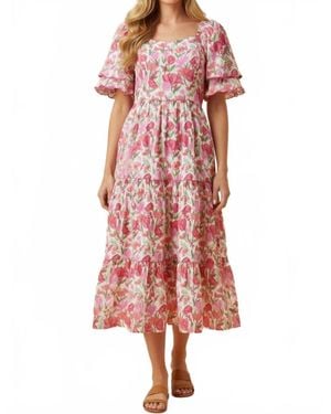 Hayden LA Floral Contrast Piped Tulip Sleeve Dress - Pink