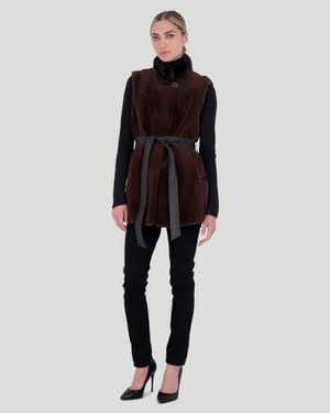 Gorski Sheared Mink Vest With Short Nap Mink Collar, Reversible To Taffeta, Leather Belt - Black