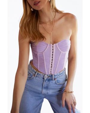 Endless Blu. Cropped Ruched Stretch-Mesh Sleeveless Bustier Top - Purple