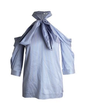 Erdem Elin Striped Cold-Shoulder Tie-Neck Top - Blue
