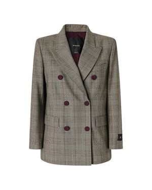 Pinko Double-Breasted Blazer With Checkered Pattern And Contrasting Buttons - Gray