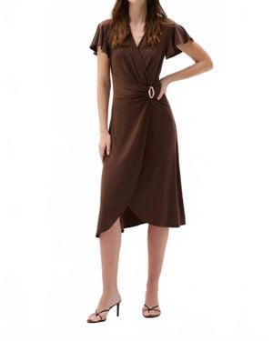 Joseph Ribkoff Ruffled Sleeves Midi Wrap Dress - Brown