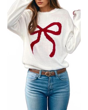 fashionworks Bow Pattern Contrast Trim Christmas Loose Sweater - Gray