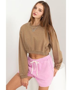 TRUEDAMES Round Neck Long Sleeve Cropped Sweatshirt - Pink