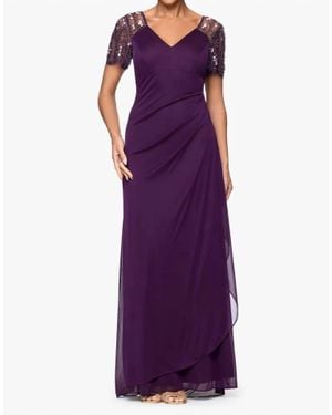 Xscape Lana Sheer Matte Jersey Beaded Flutter Sleeve Dress - Purple