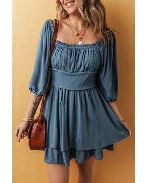 TRUEDAMES Frilled Neckline 3/4 Sleeve Laye Ruched Mini Dress - Blue