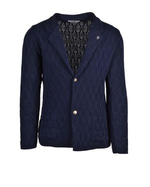Daniele Alessandrini Textured Geometric Knit Jacket With Notched Collar And Button Closure - Blue