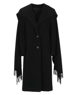 The Attico Long Coat With Two-Button Closure And Built-In Fringed Scarf - Black