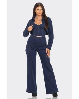 TRUEDAMES Crop Jacket 3Pcs Set - Blue