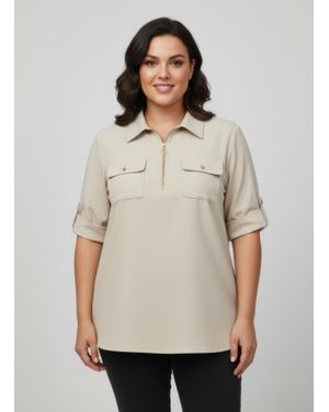 TRUEDAMES Zip Front Utility Pocket Tunic Blouse - Natural