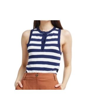 Self Contrast Sleeveless Henley Top - Blue