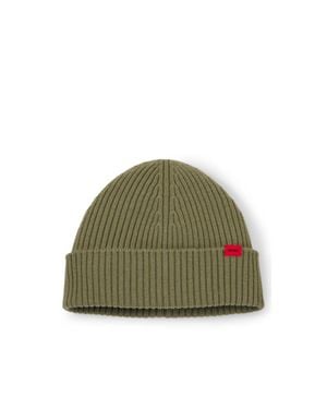 HUGO Virgin-Wool Beanie With Logo Label - Green