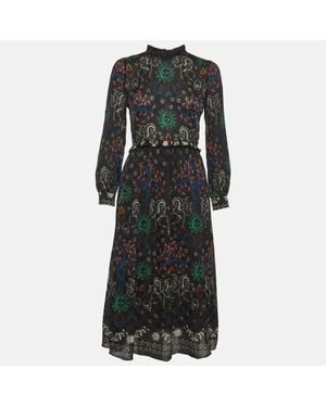 Sandro Print Chiffon Ruffled Trim Midi Dress - Black