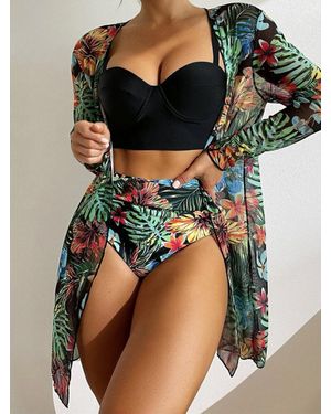 TRUEDAMES Sexy Mesh Bikini Three Piece Set Push Up Split Printed Swimsuit For - Black
