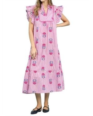 Umgee Stripe Floral Flutter Sleeve Tiered Midi Dress - Pink