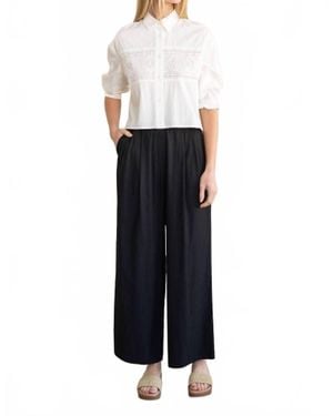 Elle Grey Eyelet Lace Panel Button-Up Blouse - Black