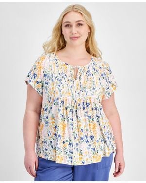 Tommy Hilfiger Top 1X Floral Pintuck Short Sleeve Pullover Fts1336 - White