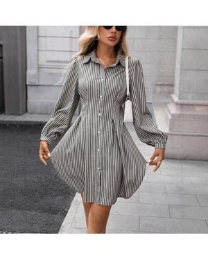 TRUEDAMES Autumn Striped Casual Temperament Shirt Dress Elegant Waist Long Sleeve Dress - Gray
